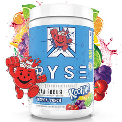 RYSE Up BCAA Focus Powder Kool-Aid Tropical Punch bottle boosts hydration during workouts.