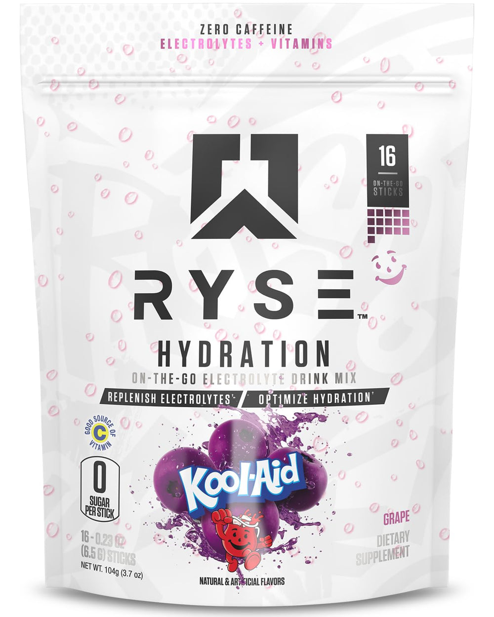 RYSE Up Hydration Sticks packaging highlighting full spectrum electrolytes for balanced hydration.