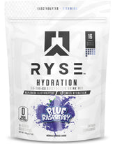 RYSE Up Hydration blue raspberry packets for on-the-go electrolyte balance.
