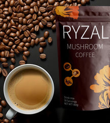 RYZAL Mushroom Coffee ingredients close-up showing Reishi and Lion’s Mane.