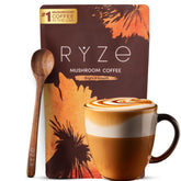 RYZE Mushroom Coffee medium roast packaging offering convenient organic energy for busy mornings.