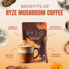 RYZE Mushroom Coffee scoop image emphasizes quick, easy prep for on the go mornings.