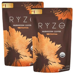 RYZE Mushroom Coffee Starter Kit bag highlights organic energy and focus