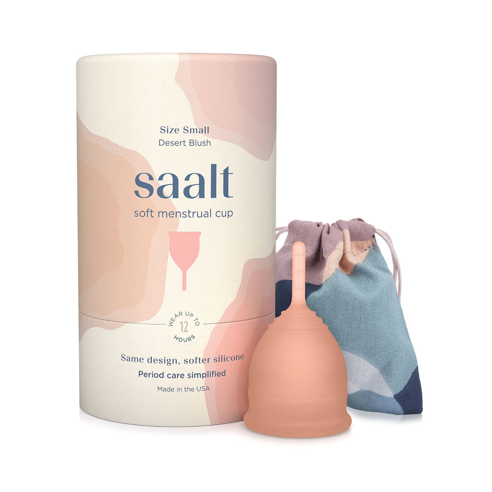Saalt Soft menstrual cup in Desert Blush front view shows flexible fit for leak-free wear