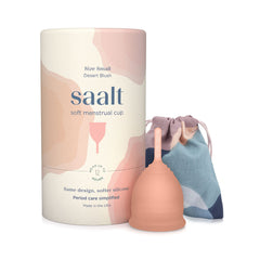 Saalt Soft menstrual cup in Desert Blush front view shows flexible fit for leak-free wear
