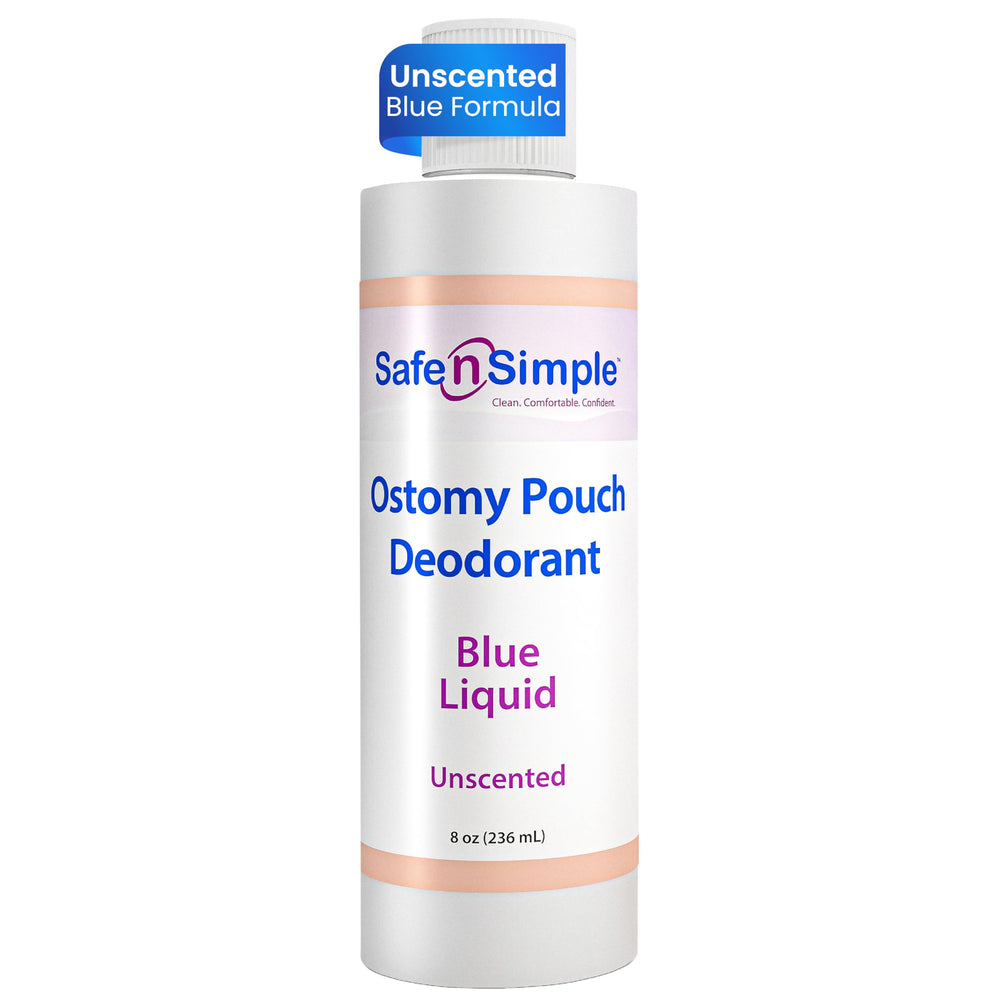 Safe n' Simple ostomy deodorant bottle with blue liquid for inside-pouch freshness