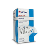 Safetec Burn Gel 0.9g packet close-up for portable cooling relief.