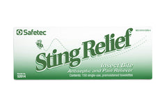 Safetec Sting Relief Wipes box back with usage and benefits
