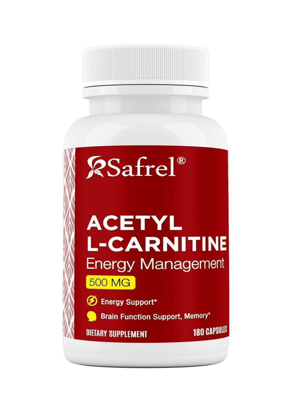 Safrel Acetyl L-Carnitine bottle front highlighting 500 mg for daily brain support