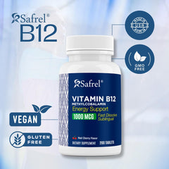 Safrel B12 bottle and label highlighting USA-made quality and potency.