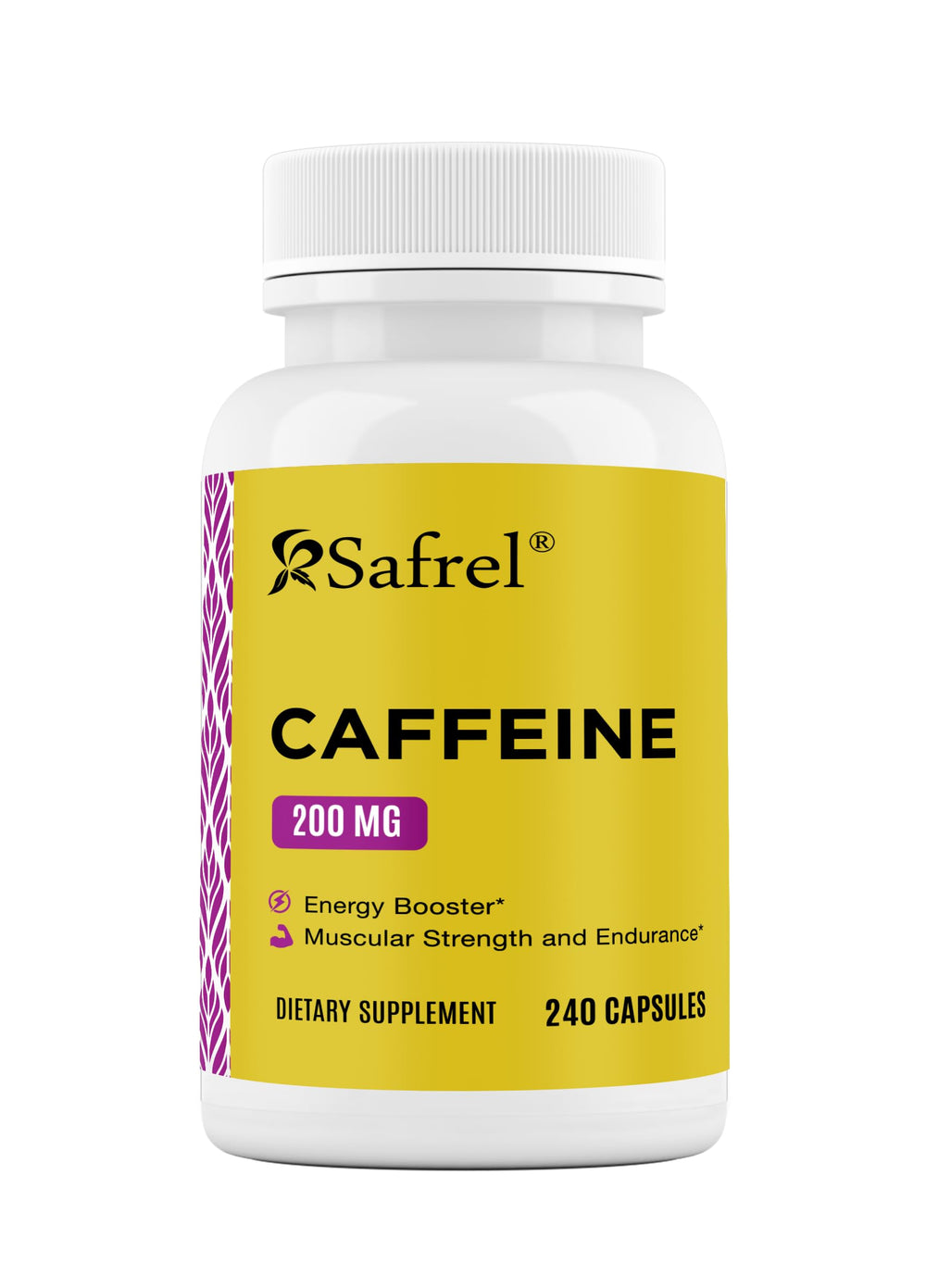 Safrel Caffeine Pills bottle front highlights 200 mg capsules for sustained energy.
