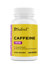 Safrel Caffeine Pills bottle front highlights 200 mg capsules for sustained energy.