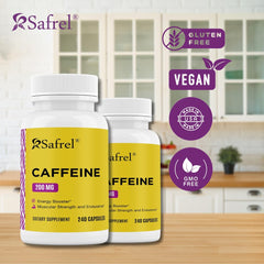 Safrel caffeine pills bottle label shows gluten-free, non-GMO formula.
