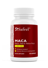 Safrel maca packaging box shows organic root formula for daily vitality.