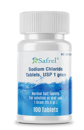 Safrel tableta de cloruro de sodio USP 1 g, empaque práctico para recargar electrolitos.