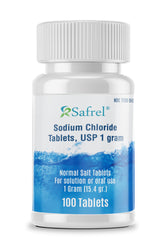 Safrel tableta de cloruro de sodio USP 1 g, empaque práctico para recargar electrolitos.