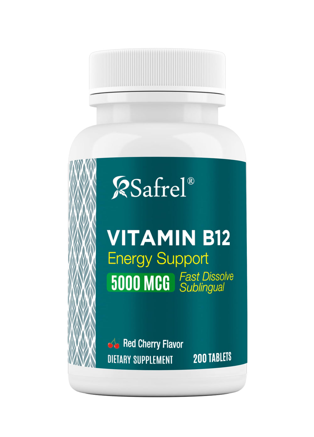 Safrel Vitamin B12 sublingual tablets with red cherry flavor in bottle for quick energy support.