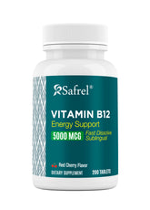 Safrel Vitamin B12 sublingual tablets with red cherry flavor in bottle for quick energy support.