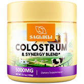 Saglikli Colostrum Powder bottle highlights 5000 mg formula for daily nourishment.