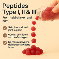 Sakoon Nutrition strawberry gummies closeup highlights tasty daily beauty and mobility benefits