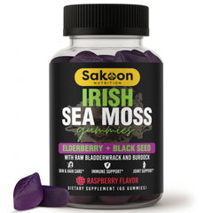 Sakoon Nutrition Irish Sea Moss Gummies raspberry bottle for convenient daily wellness