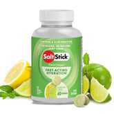 SaltStick Electrolyte FastChews lemon lime bottle highlights quick hydration for workouts.