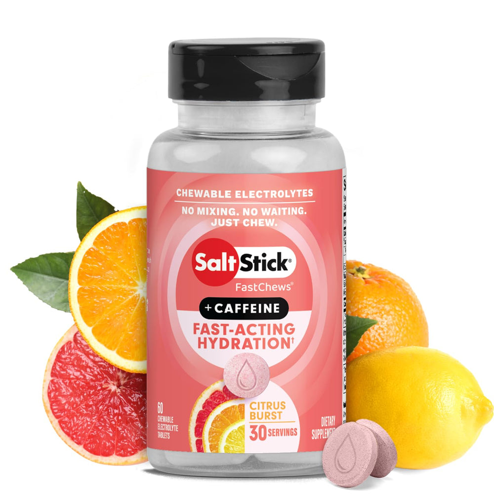 SaltStick FastChews Citrus Burst bottle for on-the-go hydration during workouts.