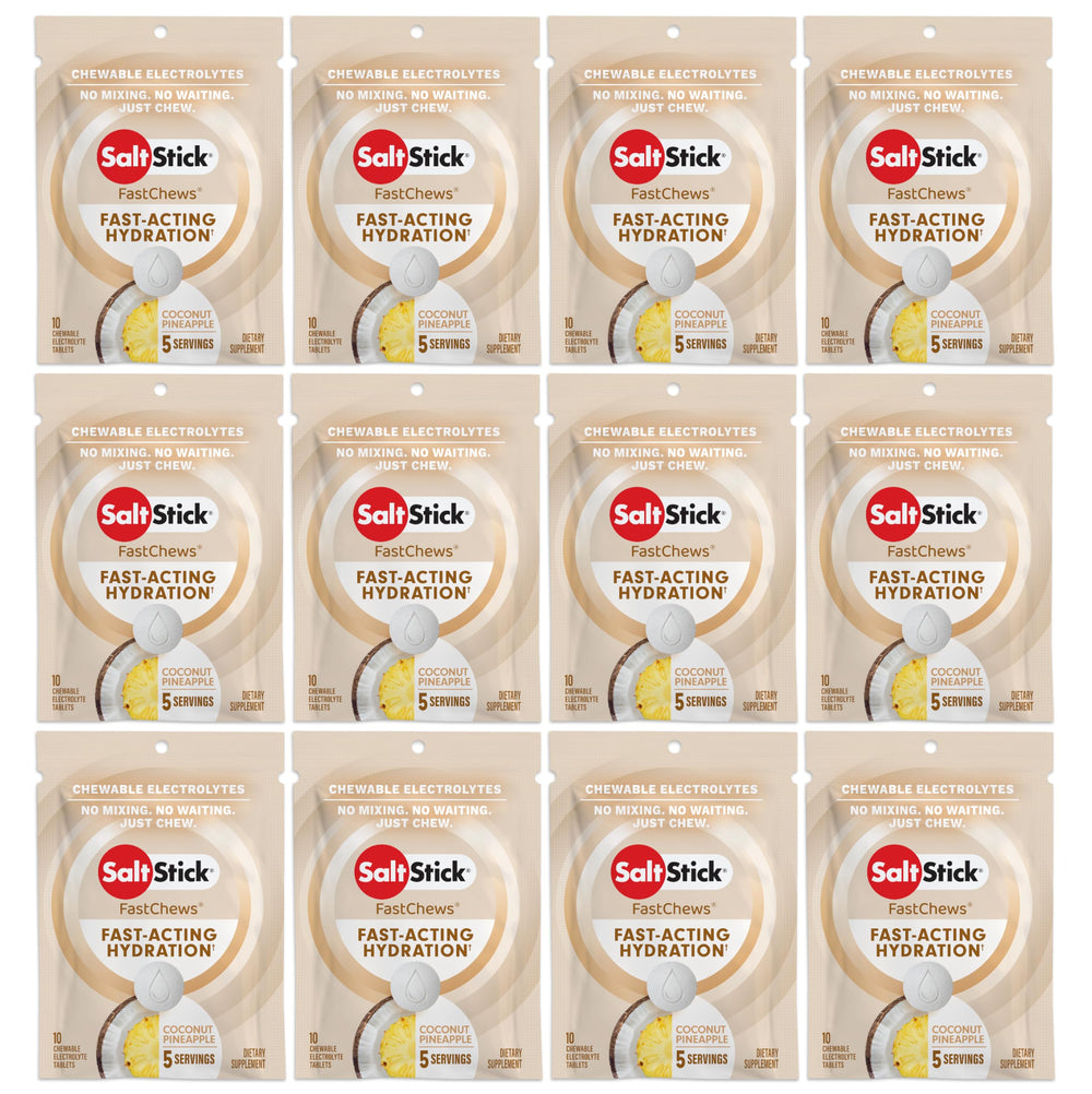 SaltStick Electrolyte FastChews Coconut Pineapple bottle for quick hydration.