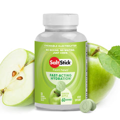 SaltStick FastChews green apple tablets close-up showing quick hydration support