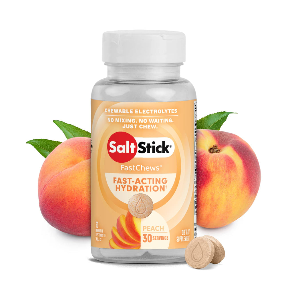 SaltStick Peach FastChews bottle front, quick hydration for endurance training.