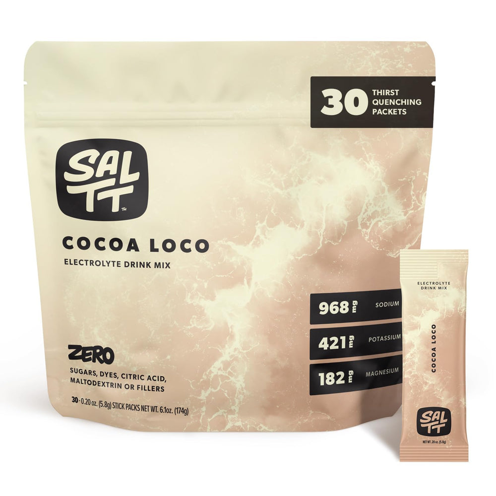 SALTT Cocoa Loco packets front view for on-the-go hydration after workouts.