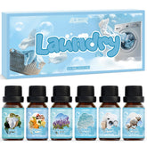 Salubrito laundry fragrance oil set shown with six scents for lasting freshness