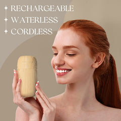 Salubrito waterless diffuser with wood-grain cabinet adds warm decor.