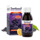 Sambucol Advanced Black Elderberry Syrup bottle pour highlights easy daily immune support.