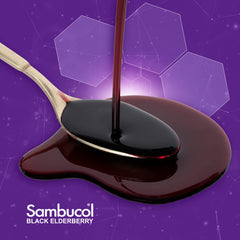 Sambucol Advanced Black Elderberry Syrup ingredients-visual emphasizes natural elderberry extract with added Vitamin C and Zinc.