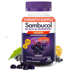 Sambucol elderberry gummies bottle front showing 90-count vegan formula for immune support