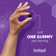 Close-up of Sambucol elderberry gummies highlighting purple elderberry flavor