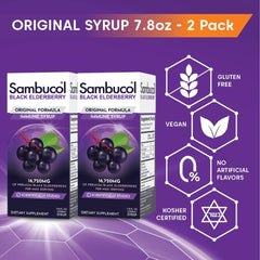 Kids-friendly Sambucol bottle with bright label highlighting gluten-free and dairy-free