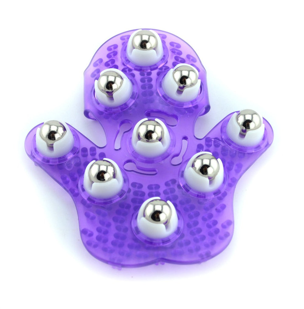 SAMYO palm-shaped massage glove with roller balls for targeted back and shoulder relief.