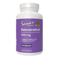Sanar Naturals Resveratrol, botella frontal, enfocado en bienestar general.