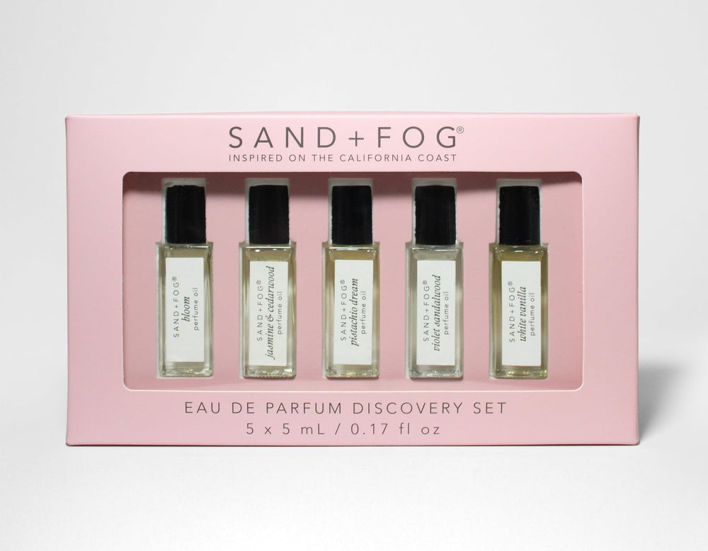 Sand and Fog California Coast Discovery Set bottle pour, portable rollerball fragrance for on-the-go.