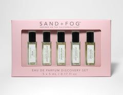 Sand and Fog California Coast Discovery Set bottle pour, portable rollerball fragrance for on-the-go.