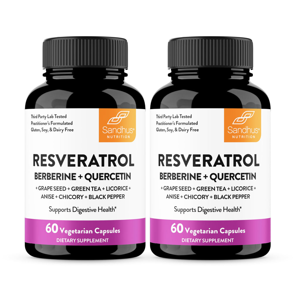 Sandhu's Resveratrol with Berberine bottle highlighting digestive support.