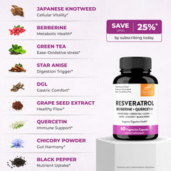 Sandhu's Resveratrol with Berberine bottle showcasing antioxidant blend for immune and circulatory support.