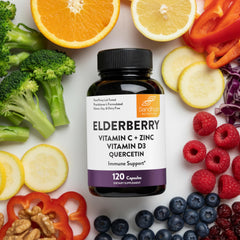 Sandhu's elderberry with quercetin visual emphasizing vitamin blend
