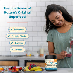 Sandhu's colostrum powder label close-up highlighting grass-fed origin