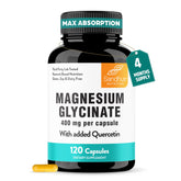 Sandhu's Magnesium Glycinate bottle shows high-absorption formula for nightly relaxation.