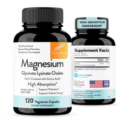 Sandhu's Magnesium Glycinate Lysinate bottle on table; easy-to-swallow capsules for daily relaxation.