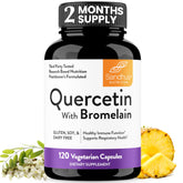Sandhu's Quercetin with Bromelain capsules beside bottle label for immune support.