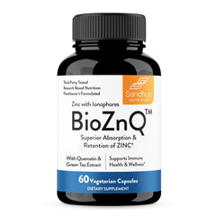 Sandhu's BioZnq zinc ionophores bottle promotes immune support and absorption.